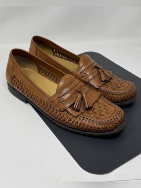 Brass Boot Woven Genuine Leather Tassel Loafers Brown Size 12